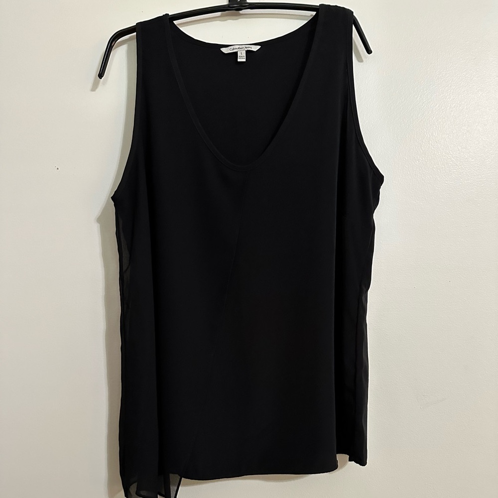 Calvin Klein Jeans Black Asymmetrical V-Neck Polyester Sleeveless Top, Size L